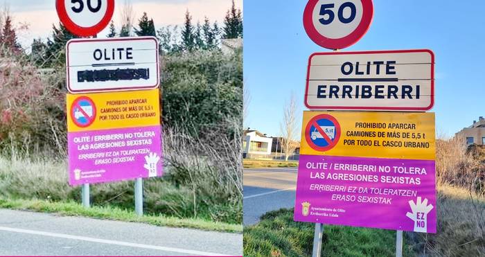 Erriberriko kartela garbitu dute boluntario euskaltzaleek