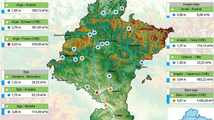 Alertan dago Arga ibaia Funesen; alerta aurreko egoeran Ega, Aragoi, eta Ebro