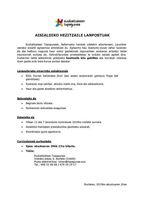 Euskaltzaleen Topagunean aisialdiko hezitzaile bila gabiltza