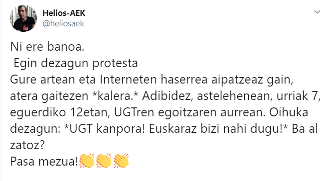 Eguerdian UGTren egoitzaren aitzinean protesta egitera deitzen ari dira sare sozialetan