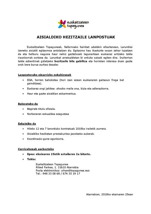 Nafarroako Euskaltzaleen Topagunean hezitzaile bila gabiltza