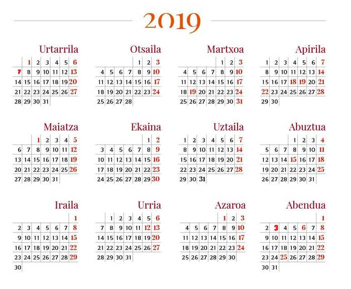 Hamahiru jai egun ofizial zehaztu ditu gobernuak 2019rako