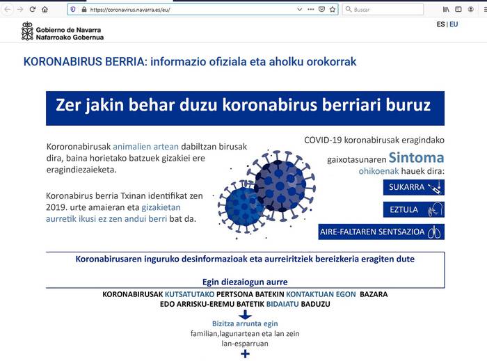 Koronabirusari buruzko informazio webgunea zabaldu du Nafarroako Gobernuak