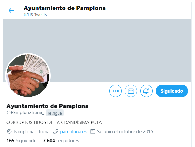 Iruñeko Udaleko Twitter kontua hackeatu dute