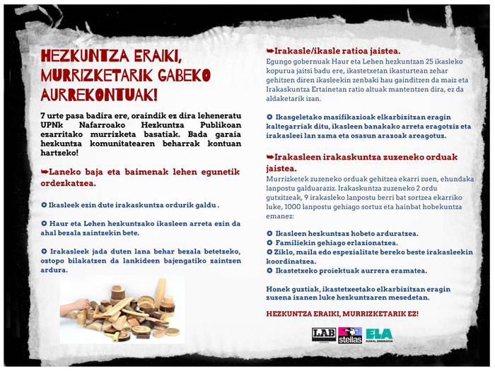 Murrizketarik gabeko Hezkuntza Burujabetzaren alde! Nafarroako sindikalgintzarekin bat