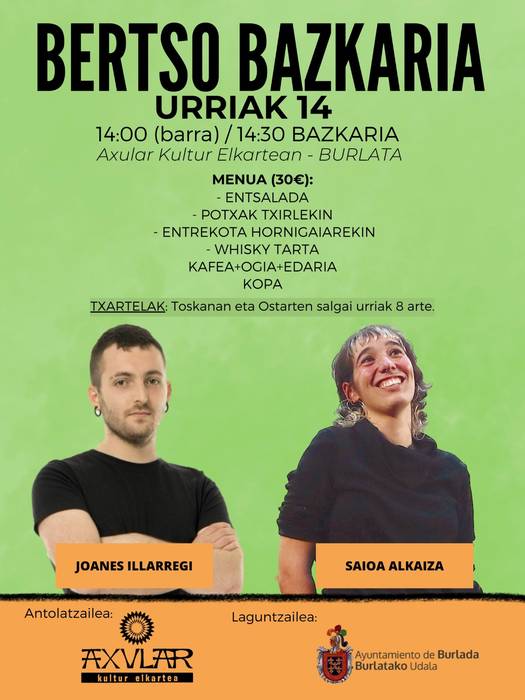 Bertso bazkaria Joanes Illarregi eta Saioa Alkaizarekin