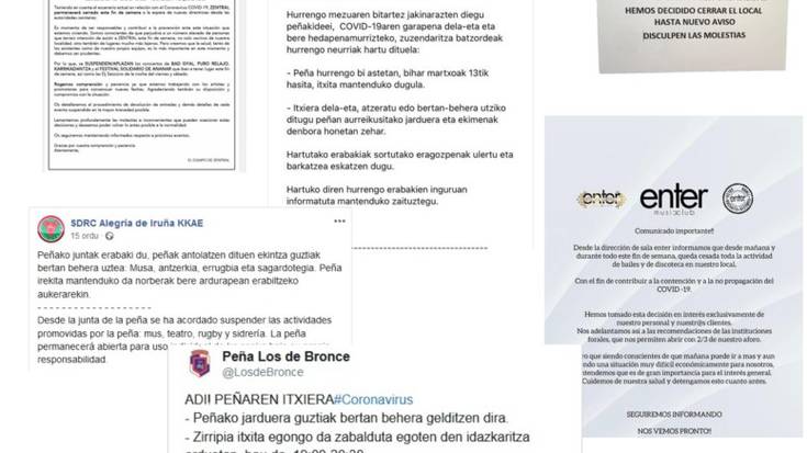 Koronabirusagatik ateak itxi dituzte taberna, kontzertu areto, peña eta elkarteek
