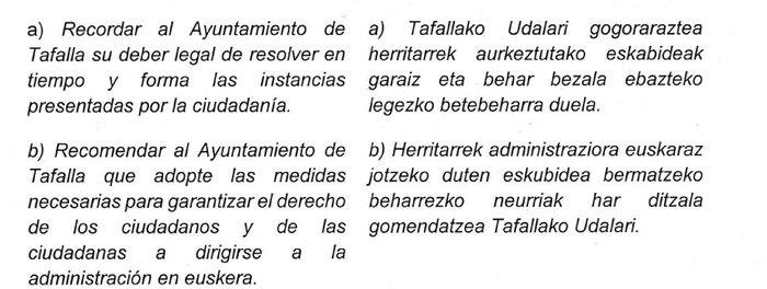 Arartekoak Tafallako Udalari: Euskarazko arreta berma dezala!